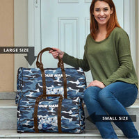 Blue Camouflage Pattern Travel Bag with Bowling Pins and Ball Graphic Design - Wonder Print Shop