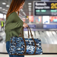 Blue Camouflage Pattern Travel Bag with Bowling Pins and Ball Graphic Design - Wonder Print Shop