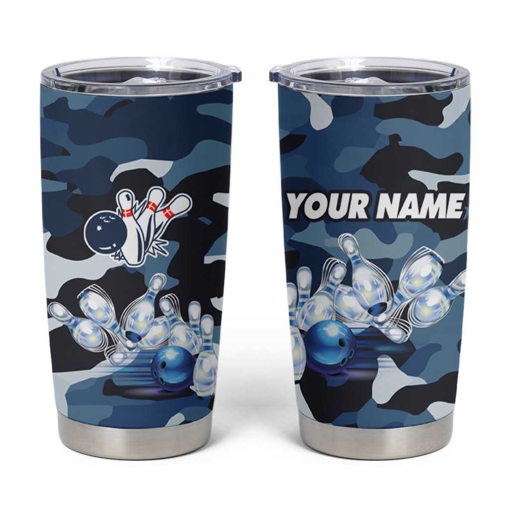 Blue Camouflage Pattern Tumbler Cup with Bowling Pins and Ball Graphic Design - Wonder Print Shop