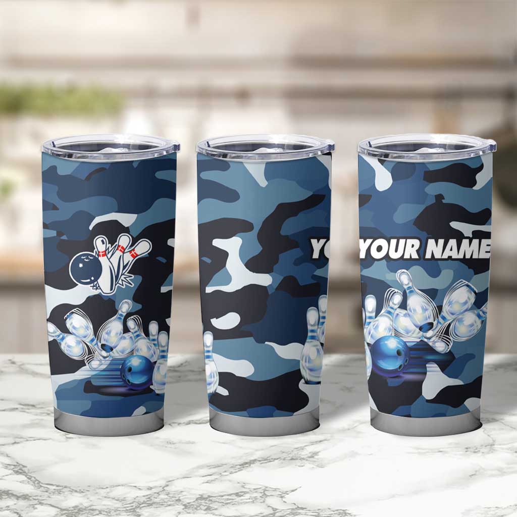Blue Camouflage Pattern Tumbler Cup with Bowling Pins and Ball Graphic Design - Wonder Print Shop