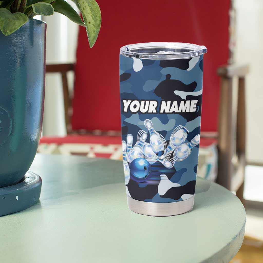 Blue Camouflage Pattern Tumbler Cup with Bowling Pins and Ball Graphic Design - Wonder Print Shop