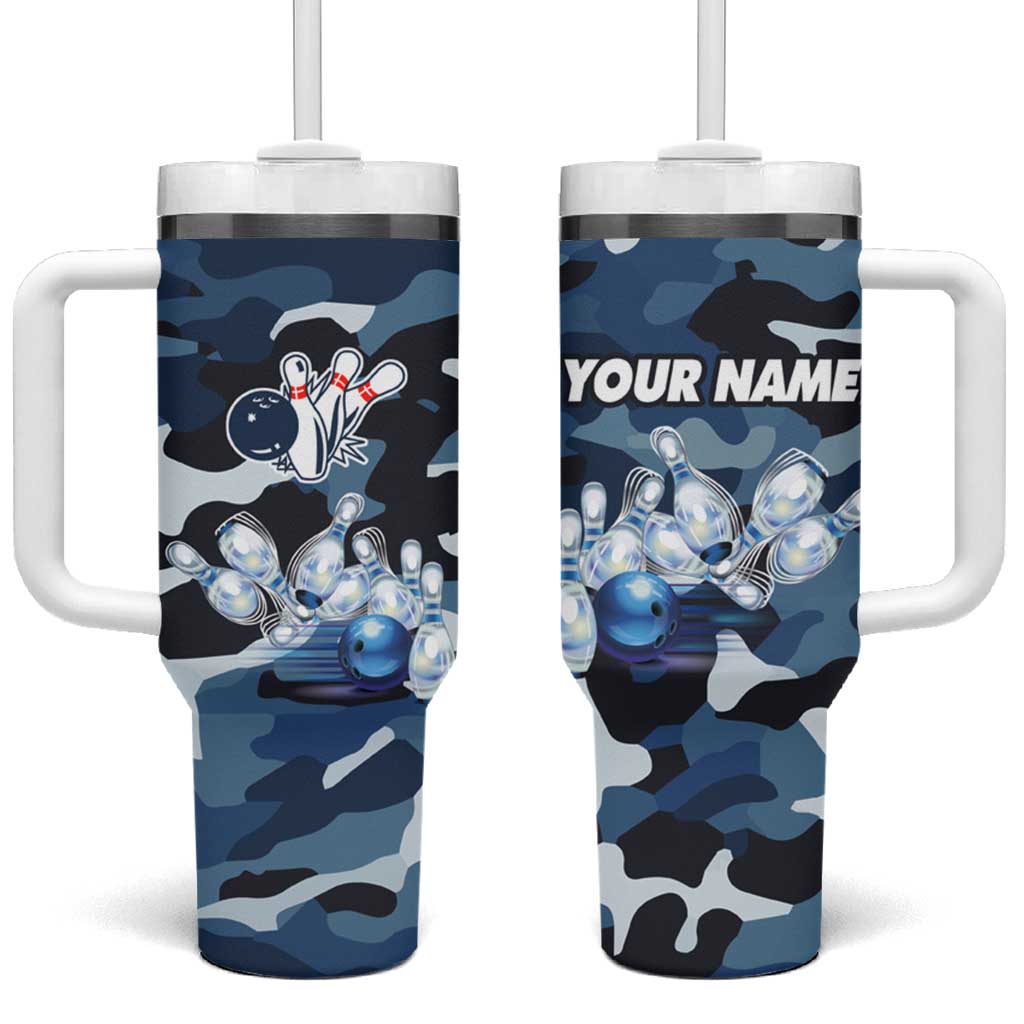 Blue Camouflage Pattern Tumbler With Handle with Bowling Pins and Ball Graphic Design - Wonder Print Shop