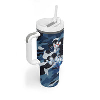 Blue Camouflage Pattern Tumbler With Handle with Bowling Pins and Ball Graphic Design - Wonder Print Shop