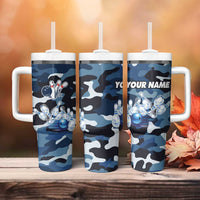 Blue Camouflage Pattern Tumbler With Handle with Bowling Pins and Ball Graphic Design - Wonder Print Shop