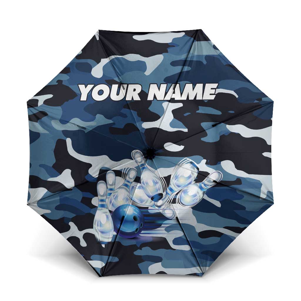 Blue Camouflage Pattern Umbrella with Bowling Pins and Ball Graphic Design - Wonder Print Shop