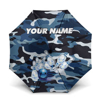Blue Camouflage Pattern Umbrella with Bowling Pins and Ball Graphic Design - Wonder Print Shop