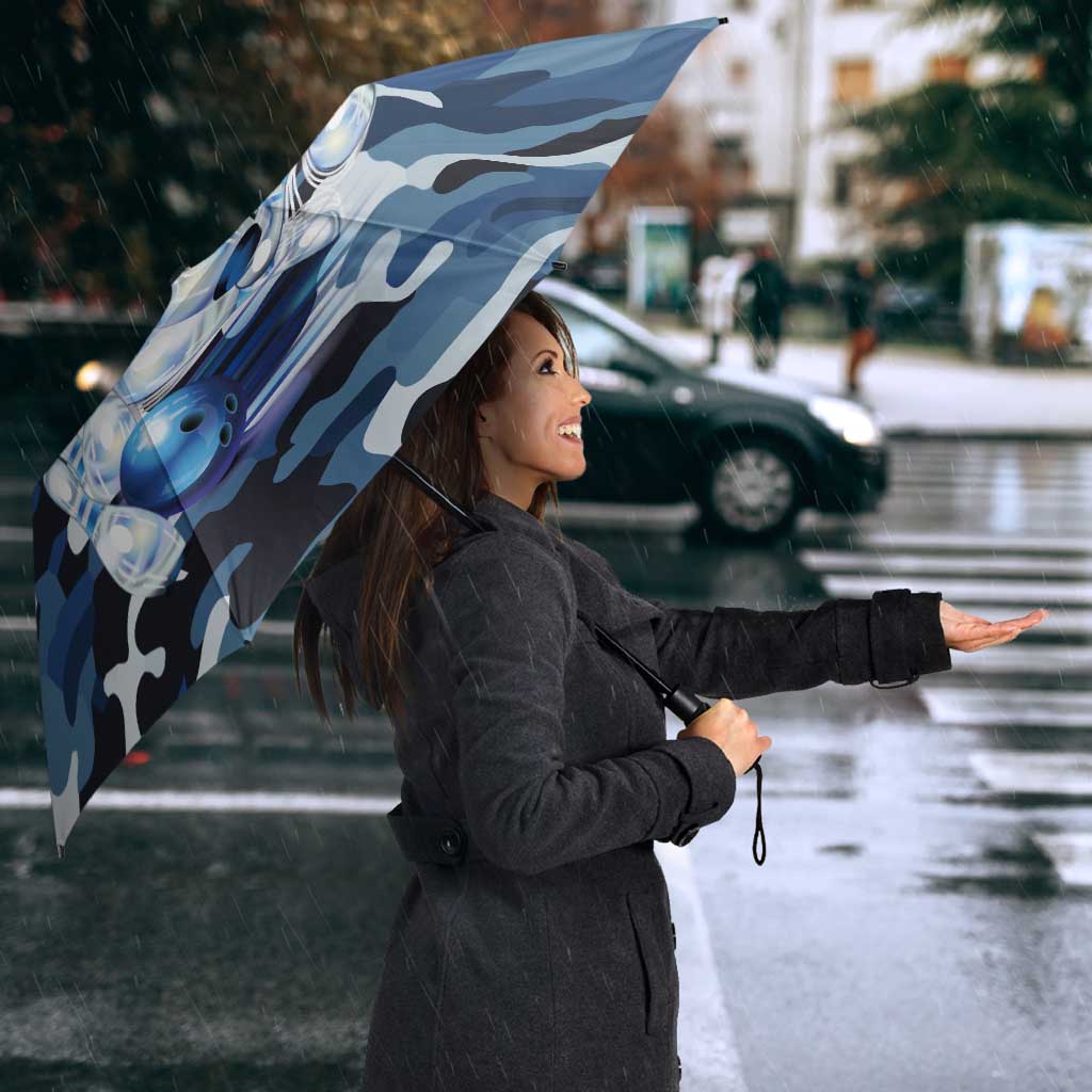 Blue Camouflage Pattern Umbrella with Bowling Pins and Ball Graphic Design - Wonder Print Shop