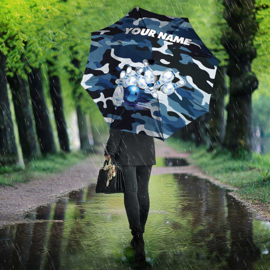Blue Camouflage Pattern Umbrella with Bowling Pins and Ball Graphic Design - Wonder Print Shop