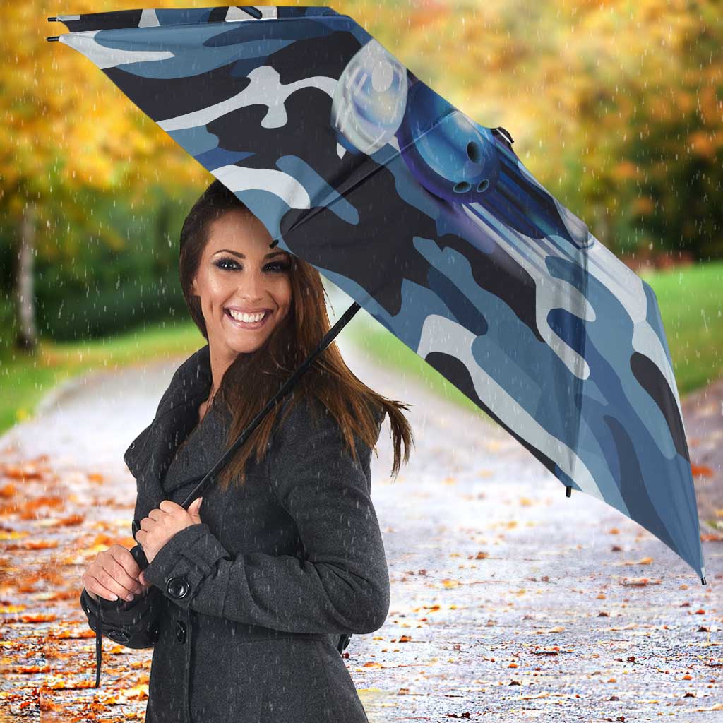 Blue Camouflage Pattern Umbrella with Bowling Pins and Ball Graphic Design - Wonder Print Shop