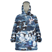 Blue Camouflage Pattern Wearable Blanket Hoodie with Bowling Pins and Ball Graphic Design - Wonder Print Shop