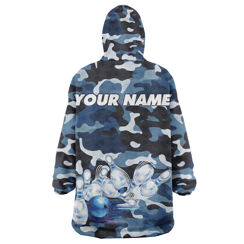 Blue Camouflage Pattern Wearable Blanket Hoodie with Bowling Pins and Ball Graphic Design - Wonder Print Shop