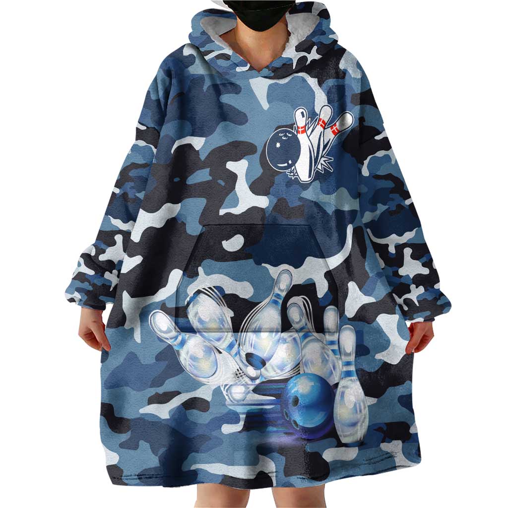 Blue Camouflage Pattern Wearable Blanket Hoodie with Bowling Pins and Ball Graphic Design - Wonder Print Shop