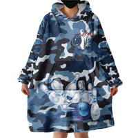 Blue Camouflage Pattern Wearable Blanket Hoodie with Bowling Pins and Ball Graphic Design - Wonder Print Shop
