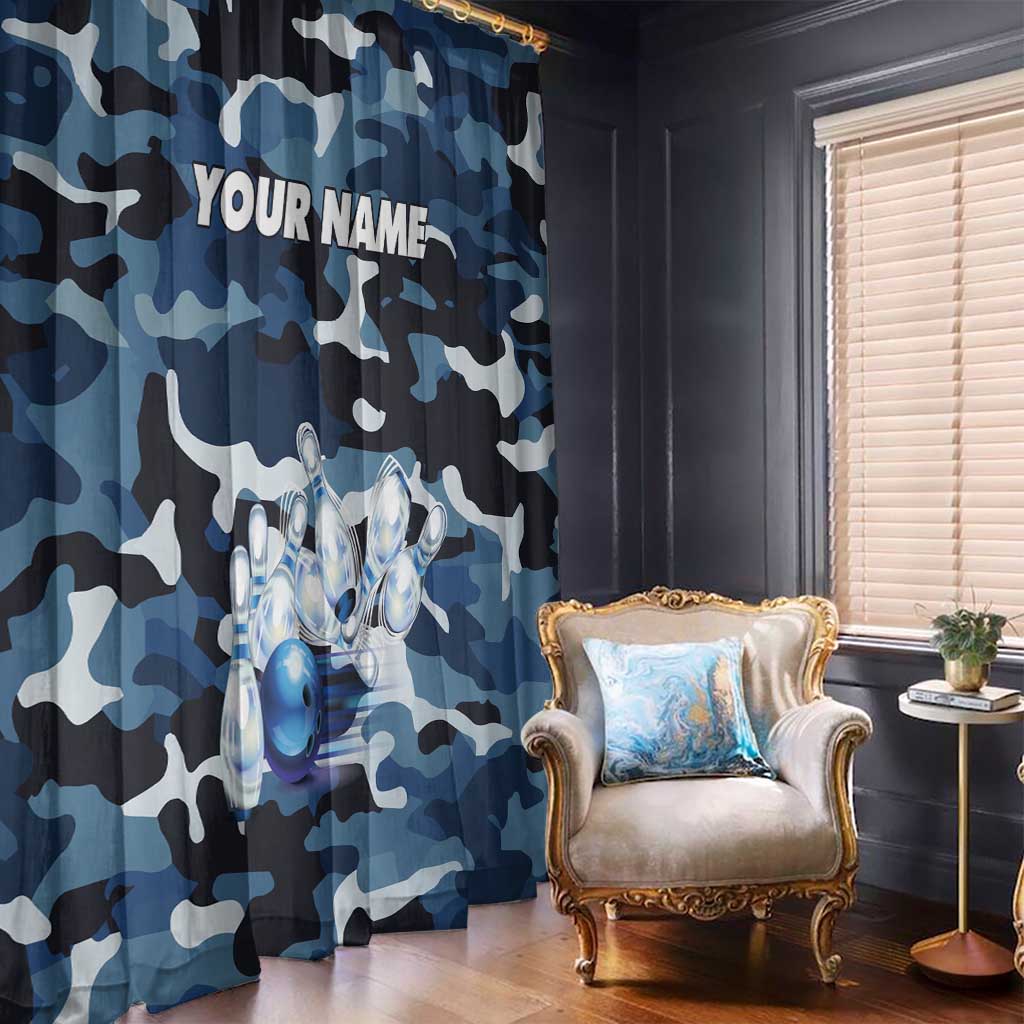 Blue Camouflage Pattern Window Curtain with Bowling Pins and Ball Graphic Design - Wonder Print Shop
