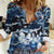 Blue Camouflage Pattern Women Casual Shirt with Bowling Pins and Ball Graphic Design - Wonder Print Shop