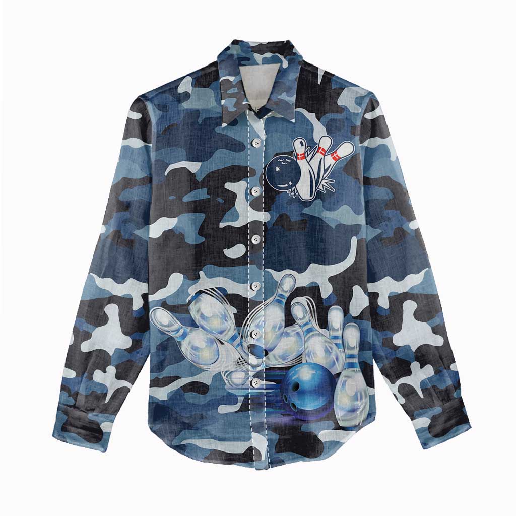 Blue Camouflage Pattern Women Casual Shirt with Bowling Pins and Ball Graphic Design - Wonder Print Shop