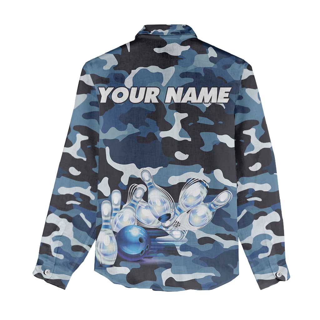 Blue Camouflage Pattern Women Casual Shirt with Bowling Pins and Ball Graphic Design - Wonder Print Shop