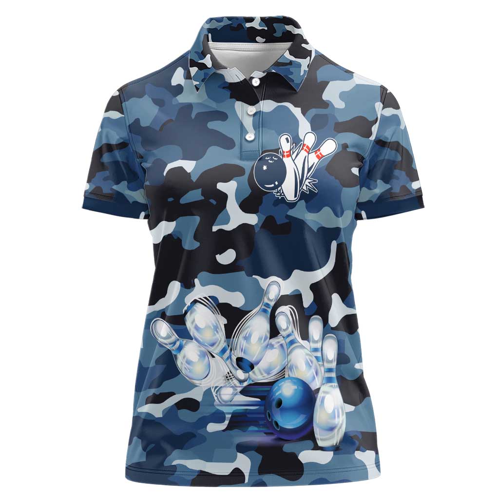 Blue Camouflage Pattern Women Polo Shirt with Bowling Pins and Ball Graphic Design - Wonder Print Shop