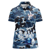 Blue Camouflage Pattern Women Polo Shirt with Bowling Pins and Ball Graphic Design - Wonder Print Shop