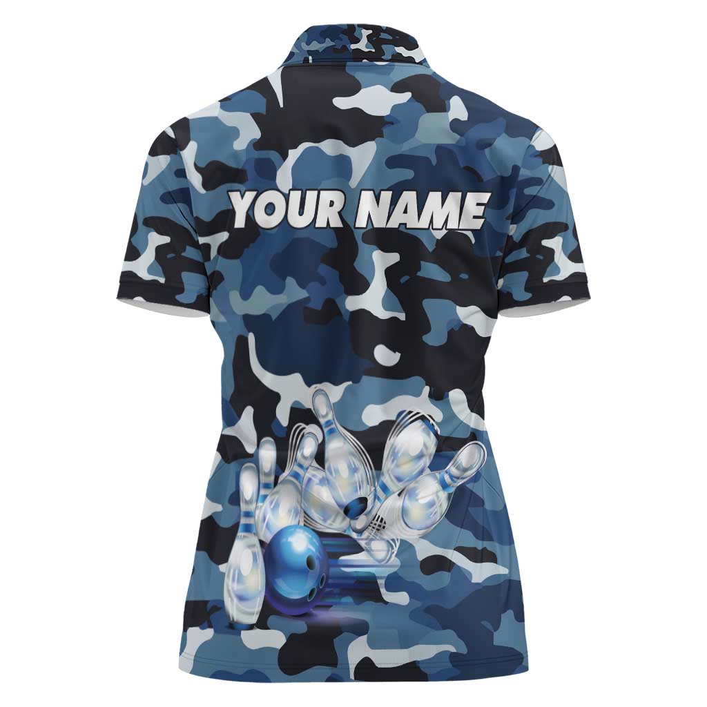 Blue Camouflage Pattern Women Polo Shirt with Bowling Pins and Ball Graphic Design - Wonder Print Shop