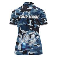 Blue Camouflage Pattern Women Polo Shirt with Bowling Pins and Ball Graphic Design - Wonder Print Shop