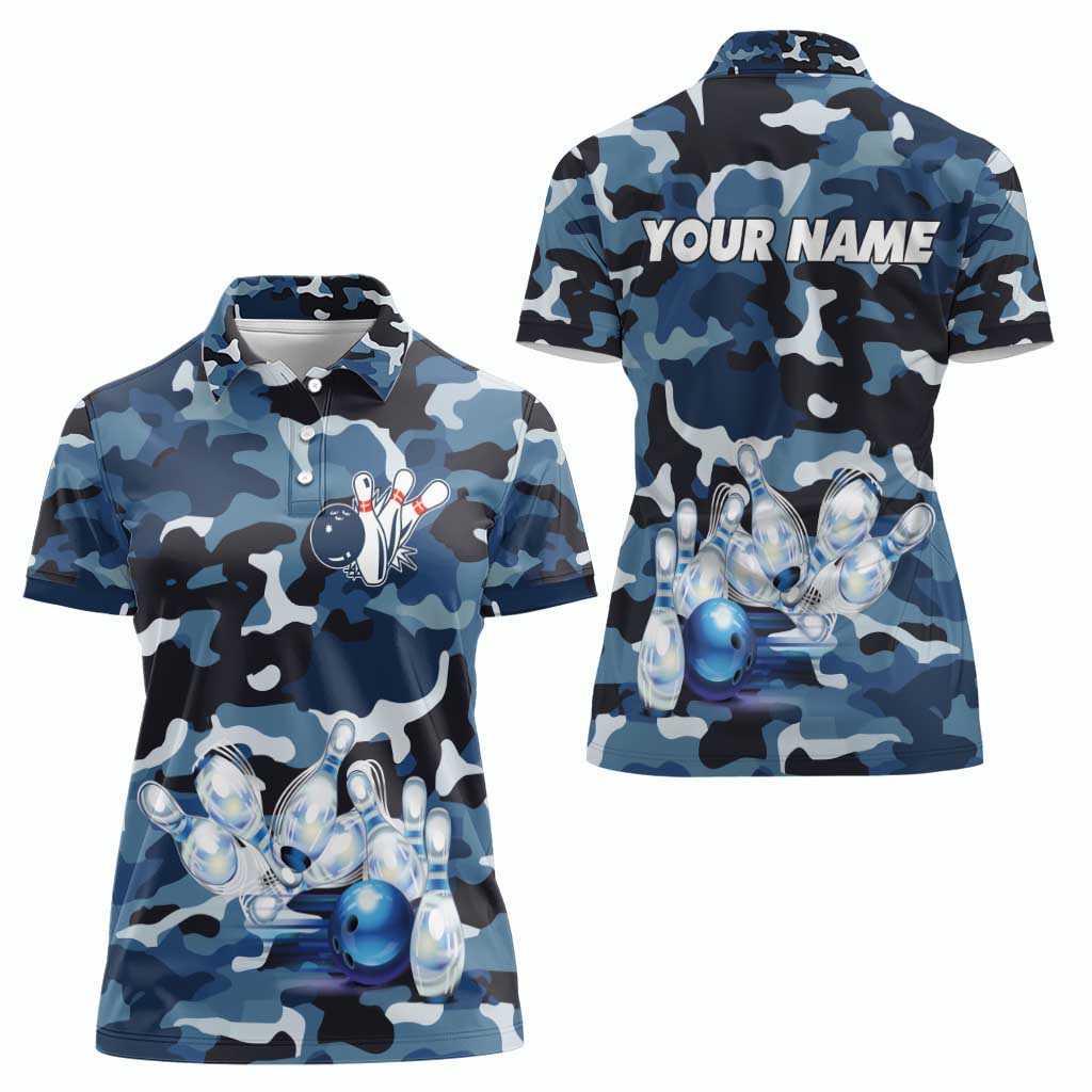 Blue Camouflage Pattern Women Polo Shirt with Bowling Pins and Ball Graphic Design - Wonder Print Shop