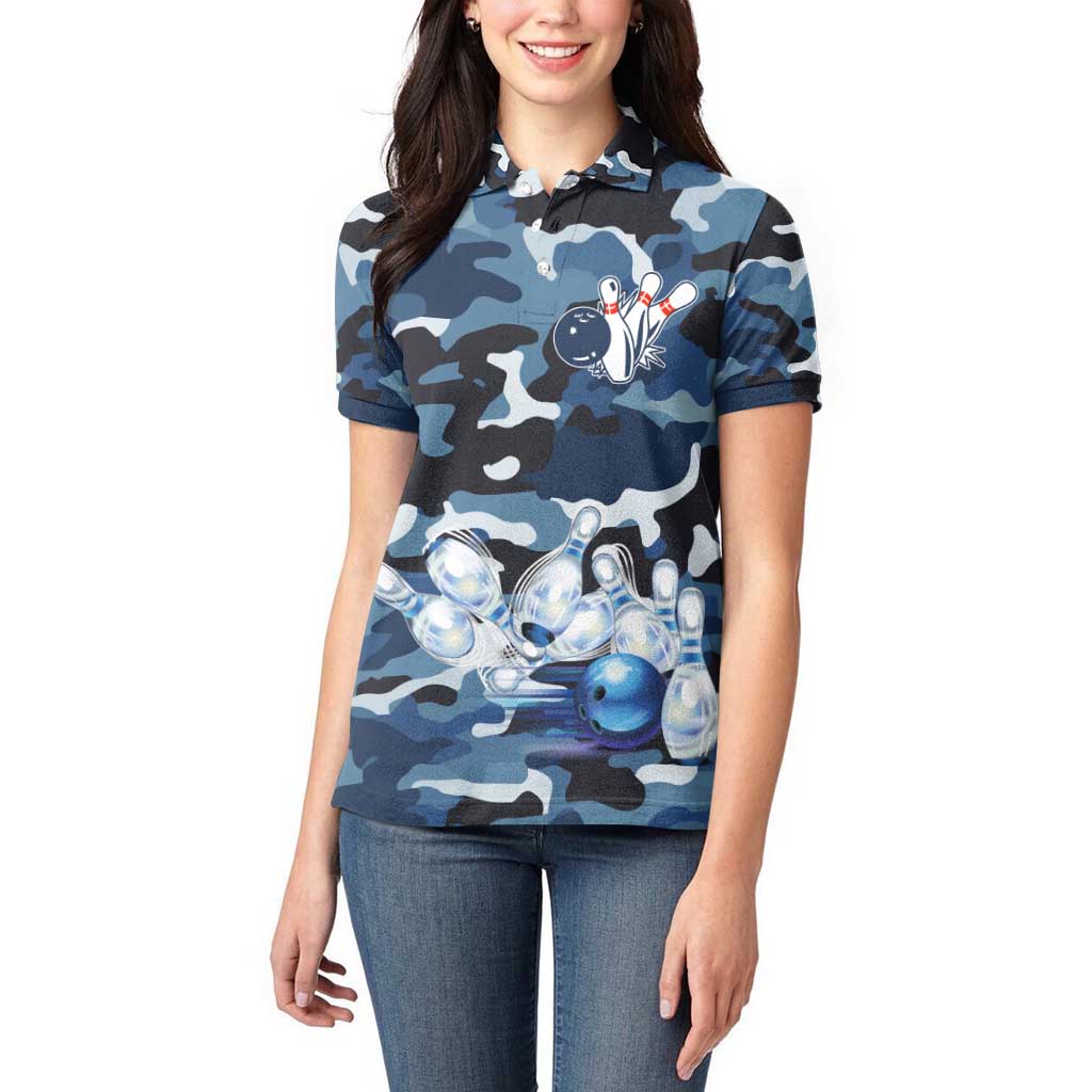 Blue Camouflage Pattern Women Polo Shirt with Bowling Pins and Ball Graphic Design - Wonder Print Shop