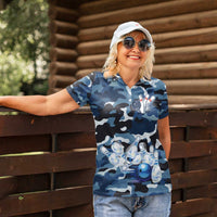 Blue Camouflage Pattern Women Polo Shirt with Bowling Pins and Ball Graphic Design - Wonder Print Shop