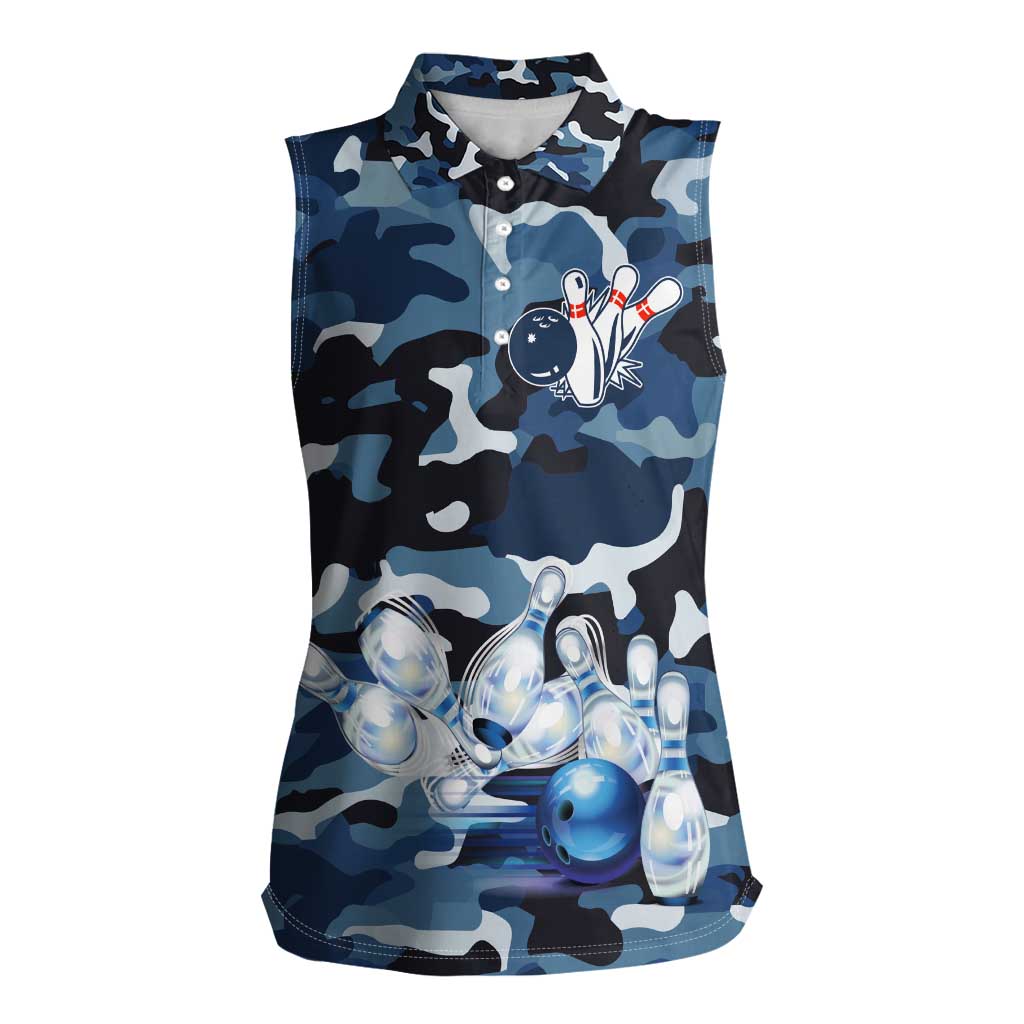 Blue Camouflage Pattern Women Sleeveless Polo Shirt with Bowling Pins and Ball Graphic Design - Wonder Print Shop