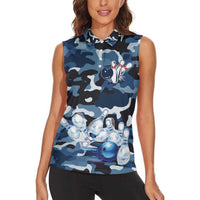 Blue Camouflage Pattern Women Sleeveless Polo Shirt with Bowling Pins and Ball Graphic Design - Wonder Print Shop