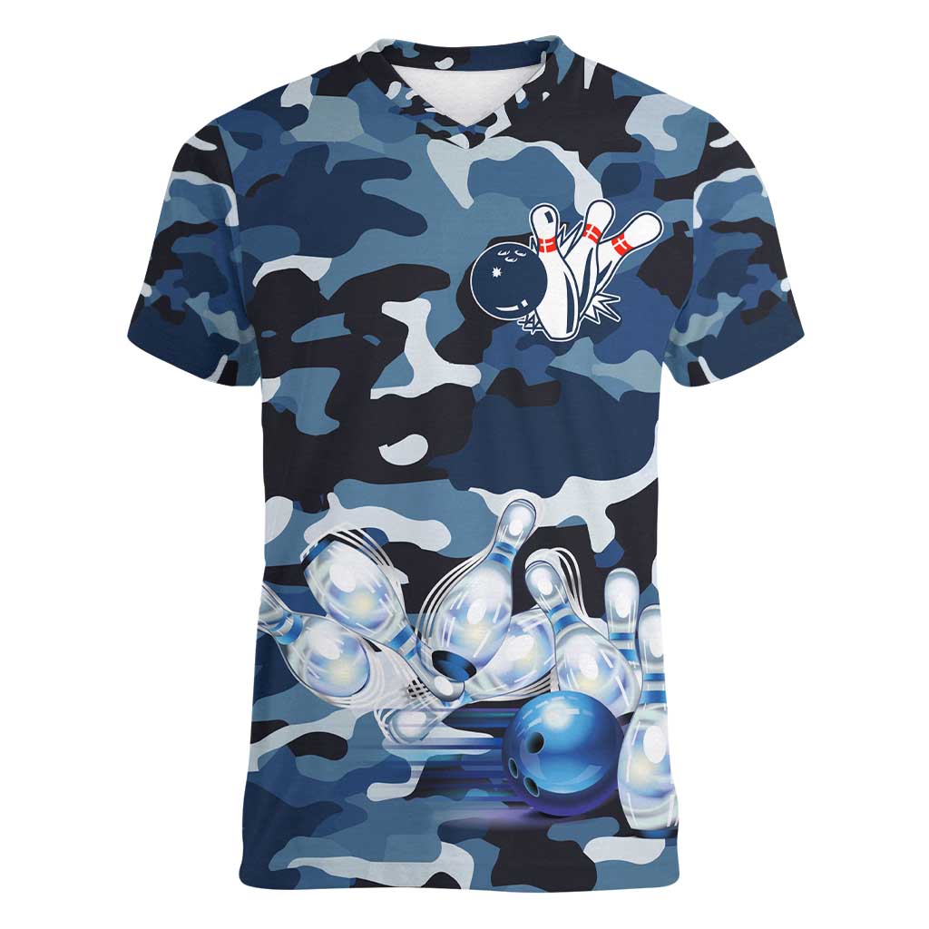 Blue Camouflage Pattern Women V-Neck T-Shirt with Bowling Pins and Ball Graphic Design - Wonder Print Shop