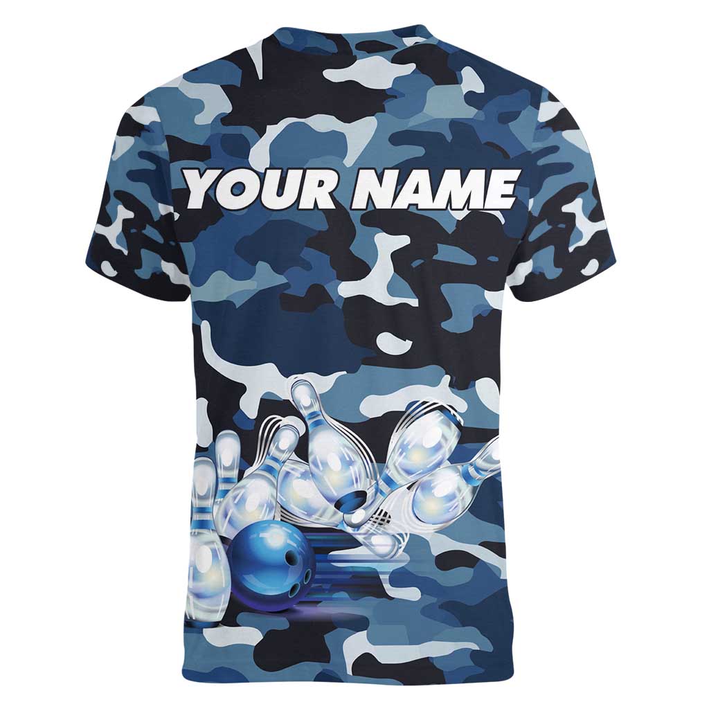 Blue Camouflage Pattern Women V-Neck T-Shirt with Bowling Pins and Ball Graphic Design - Wonder Print Shop