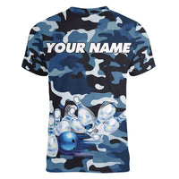 Blue Camouflage Pattern Women V-Neck T-Shirt with Bowling Pins and Ball Graphic Design - Wonder Print Shop