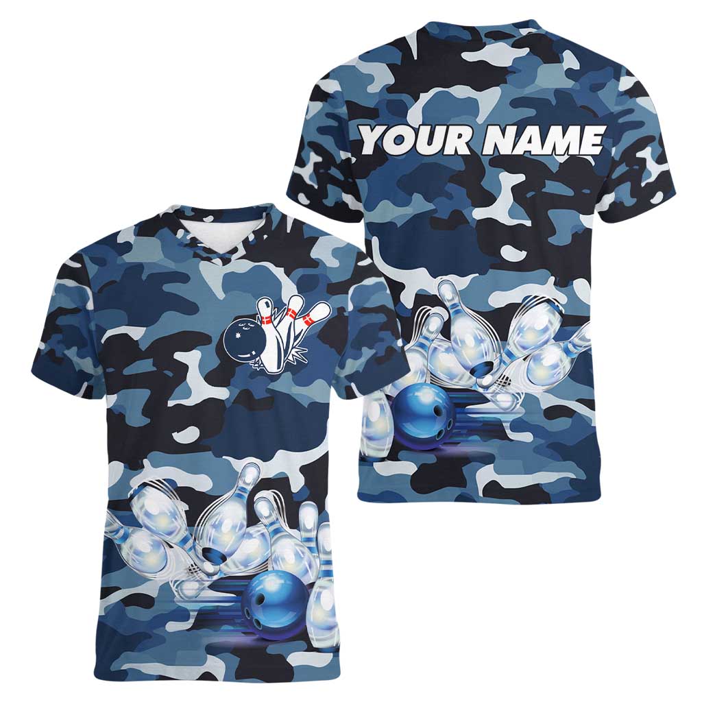 Blue Camouflage Pattern Women V-Neck T-Shirt with Bowling Pins and Ball Graphic Design - Wonder Print Shop