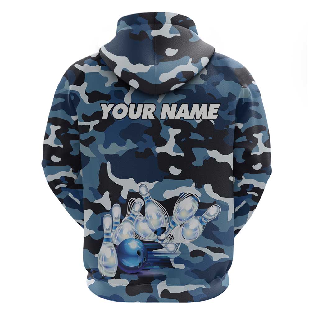 Blue Camouflage Pattern Zip Hoodie with Bowling Pins and Ball Graphic Design - Wonder Print Shop