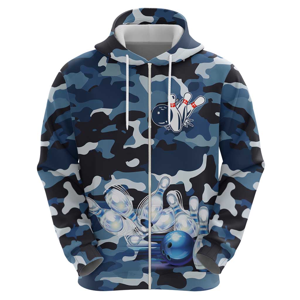 Blue Camouflage Pattern Zip Hoodie with Bowling Pins and Ball Graphic Design - Wonder Print Shop