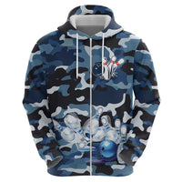 Blue Camouflage Pattern Zip Hoodie with Bowling Pins and Ball Graphic Design - Wonder Print Shop