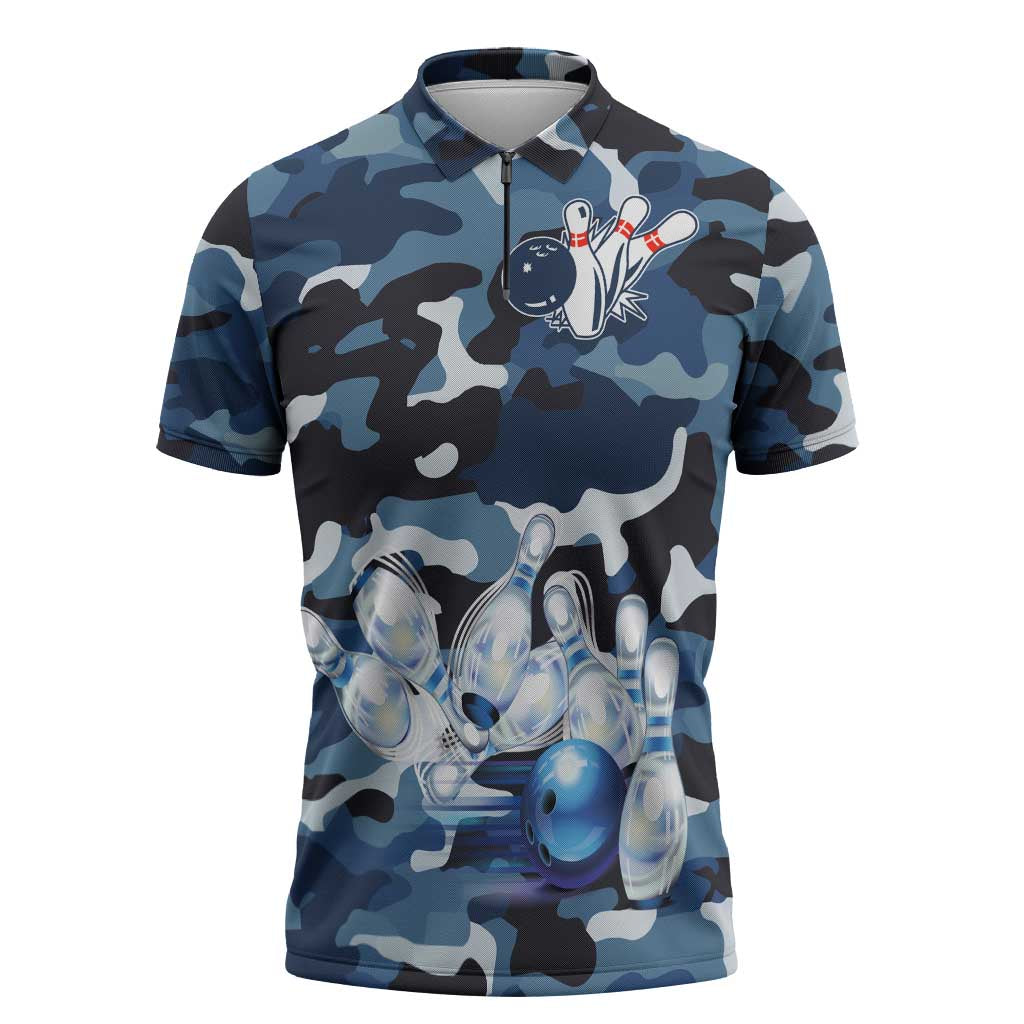 Blue Camouflage Pattern Zipper Polo Shirt with Bowling Pins and Ball Graphic Design - Wonder Print Shop