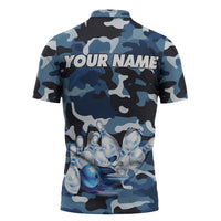 Blue Camouflage Pattern Zipper Polo Shirt with Bowling Pins and Ball Graphic Design - Wonder Print Shop