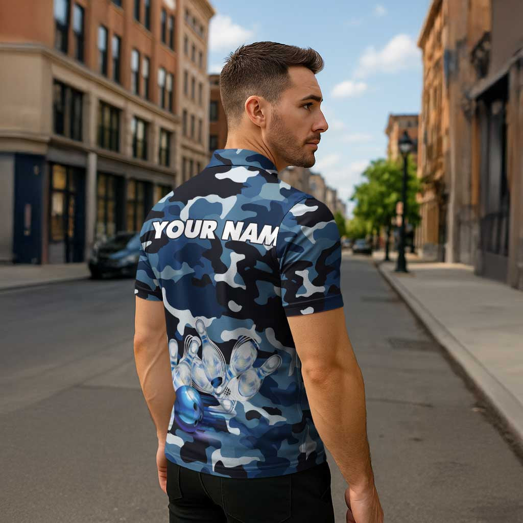 Blue Camouflage Pattern Zipper Polo Shirt with Bowling Pins and Ball Graphic Design - Wonder Print Shop