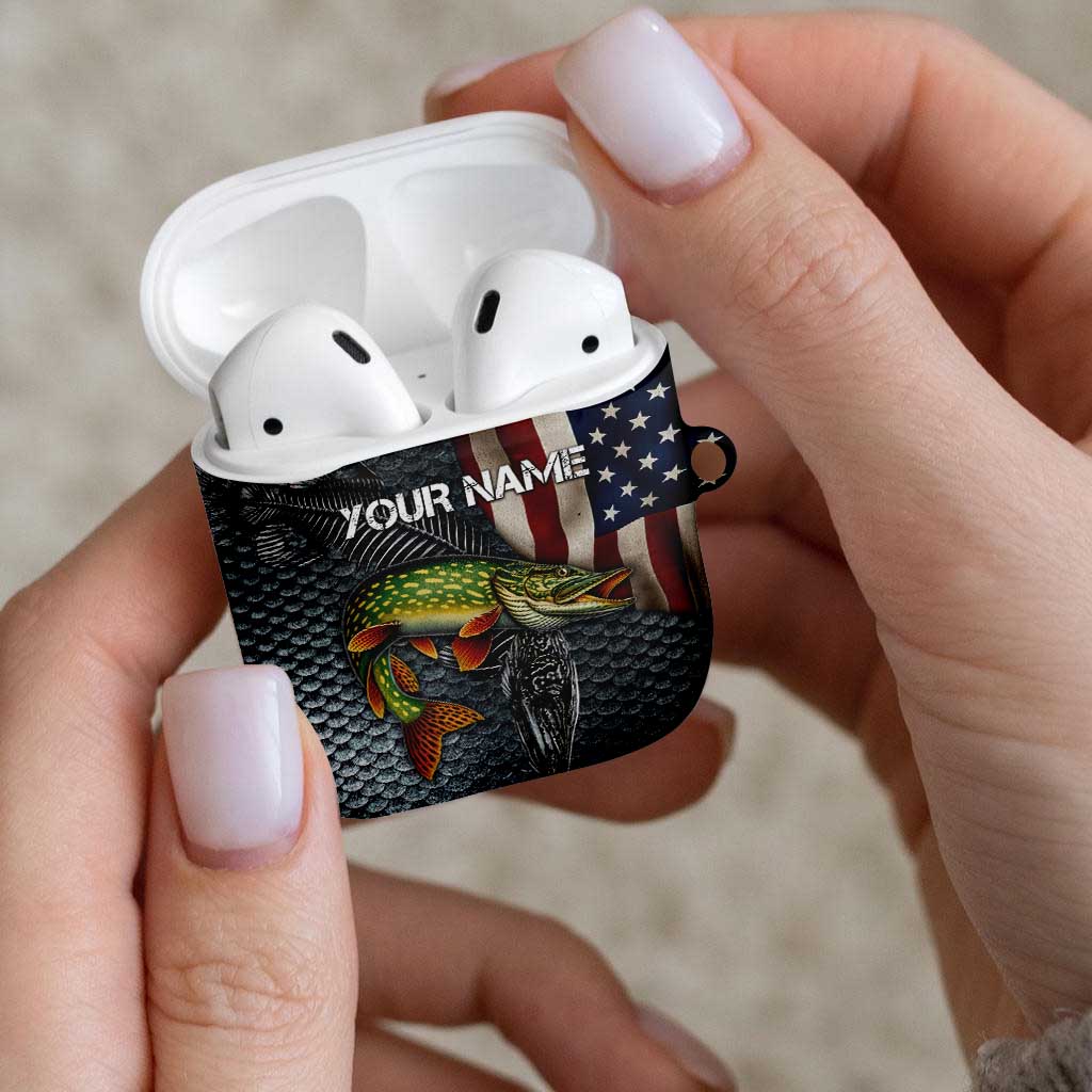 Pike Fishing AirPods Case with American Flag and Realistic Fish Scale Texture Design - Wonder Print Shop