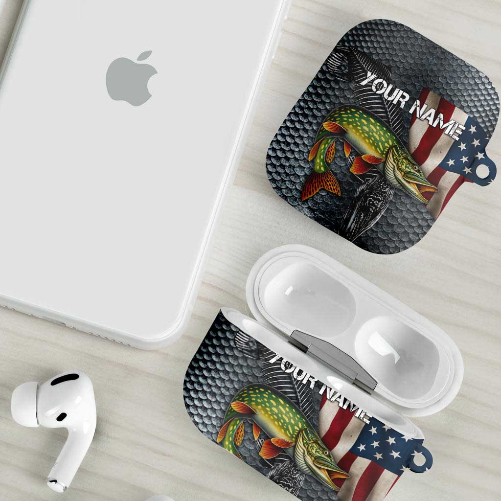 Pike Fishing AirPods Case with American Flag and Realistic Fish Scale Texture Design - Wonder Print Shop