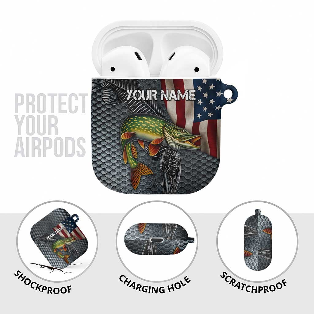 Pike Fishing AirPods Case with American Flag and Realistic Fish Scale Texture Design - Wonder Print Shop