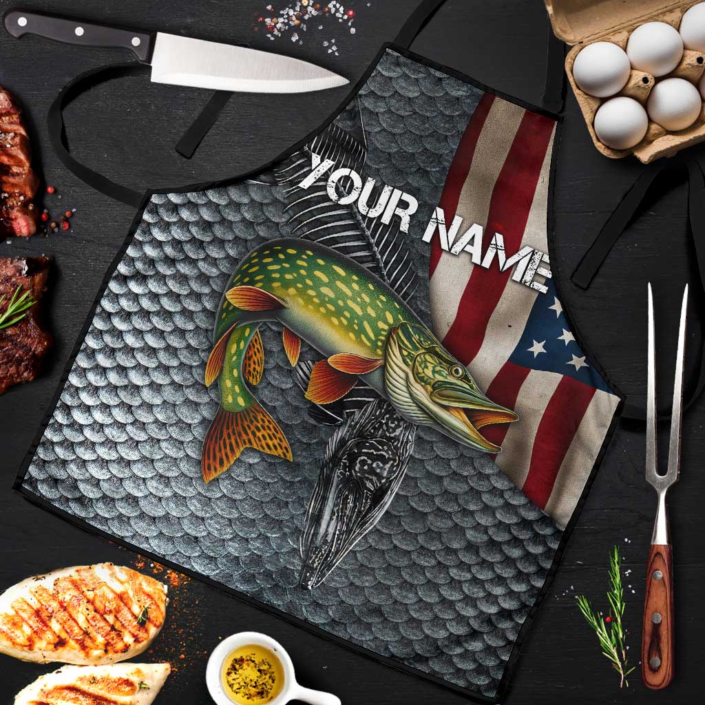 Pike Fishing Apron with American Flag and Realistic Fish Scale Texture Design - Wonder Print Shop
