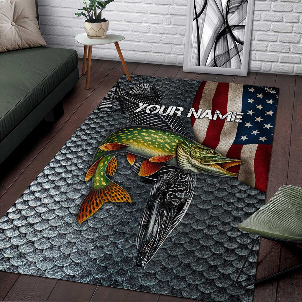 Pike Fishing Area Rug with American Flag and Realistic Fish Scale Texture Design - Wonder Print Shop