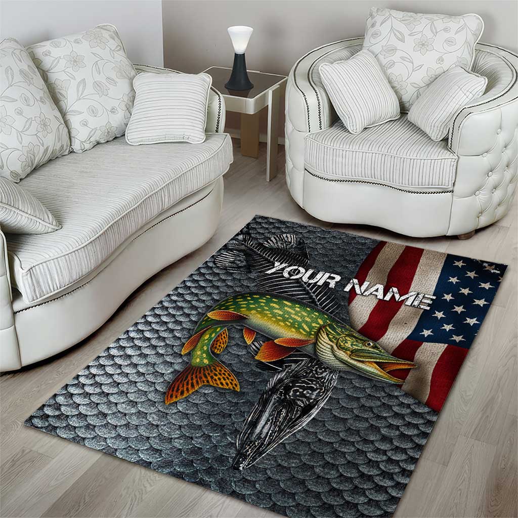 Pike Fishing Area Rug with American Flag and Realistic Fish Scale Texture Design - Wonder Print Shop