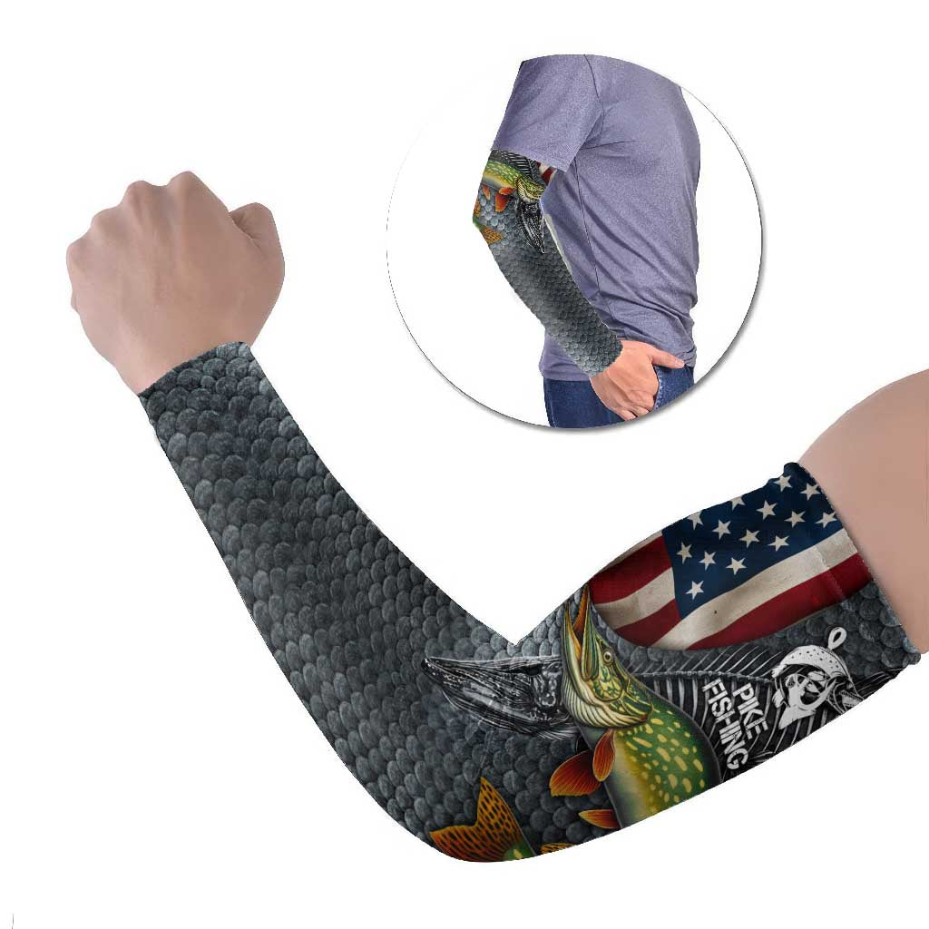 Pike Fishing Arm Sleeves with American Flag and Realistic Fish Scale Texture Design - Wonder Print Shop