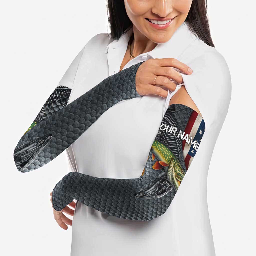 Pike Fishing Arm Sleeves with American Flag and Realistic Fish Scale Texture Design - Wonder Print Shop
