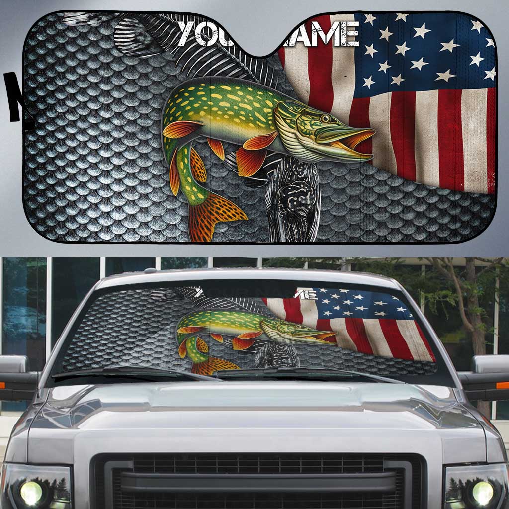 Pike Fishing Auto Sun Shade with American Flag and Realistic Fish Scale Texture Design - Wonder Print Shop