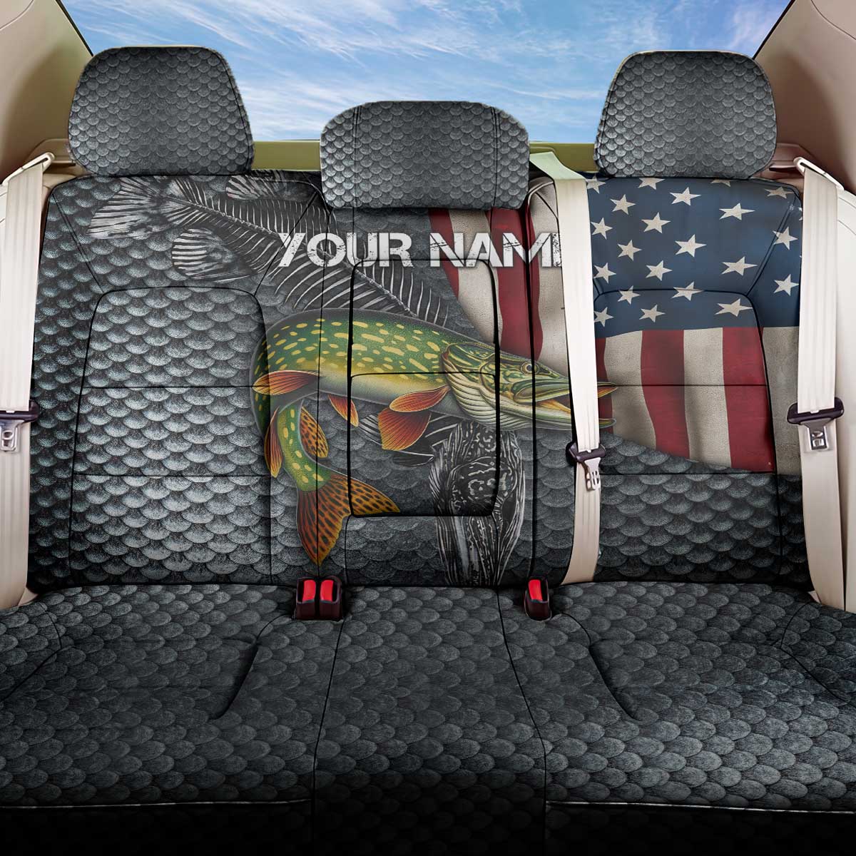 Pike Fishing Back Car Seat Cover with American Flag and Realistic Fish Scale Texture Design - Wonder Print Shop